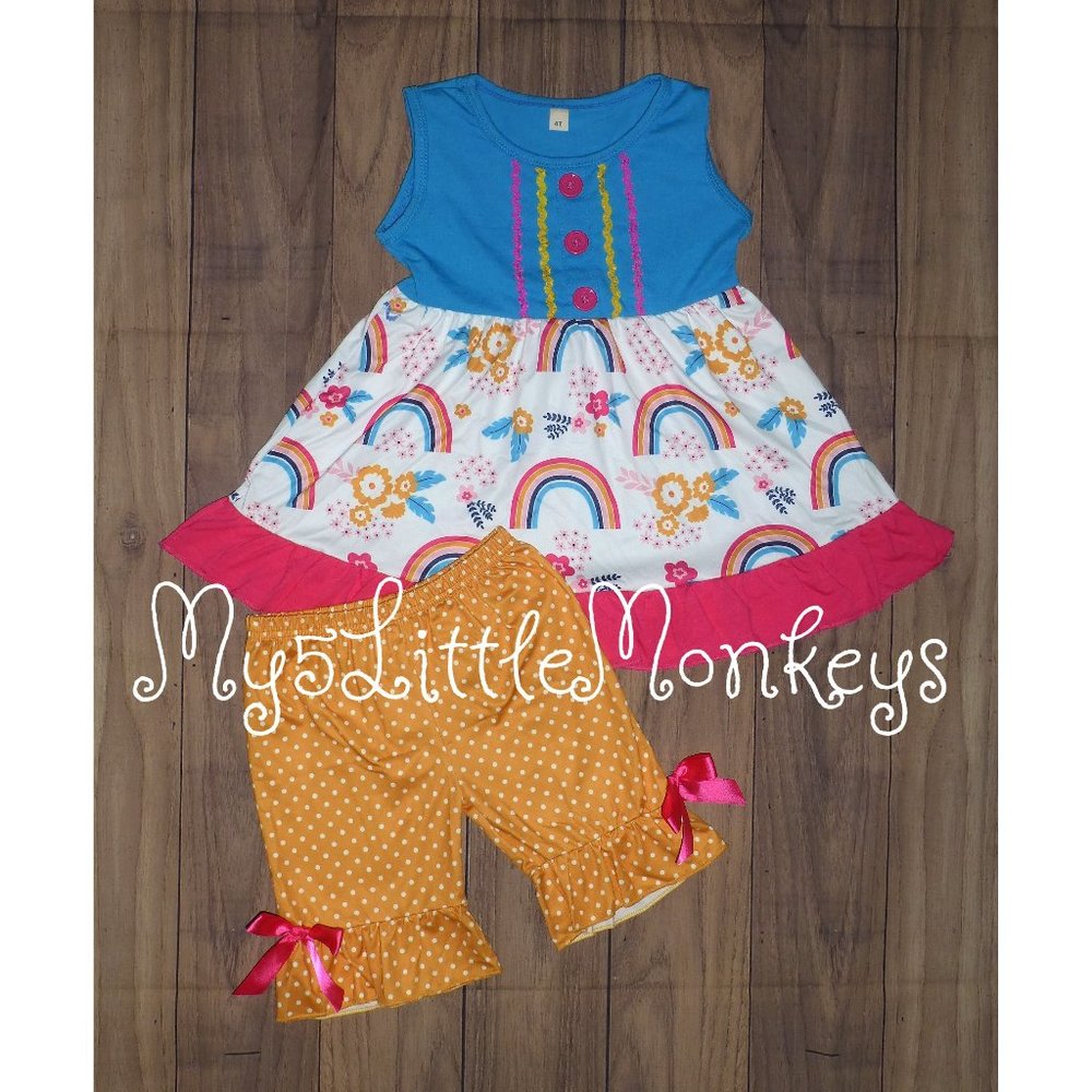 Boutique Rainbow Tunic Dress & Ruffle Shorts Girls Outfit Set